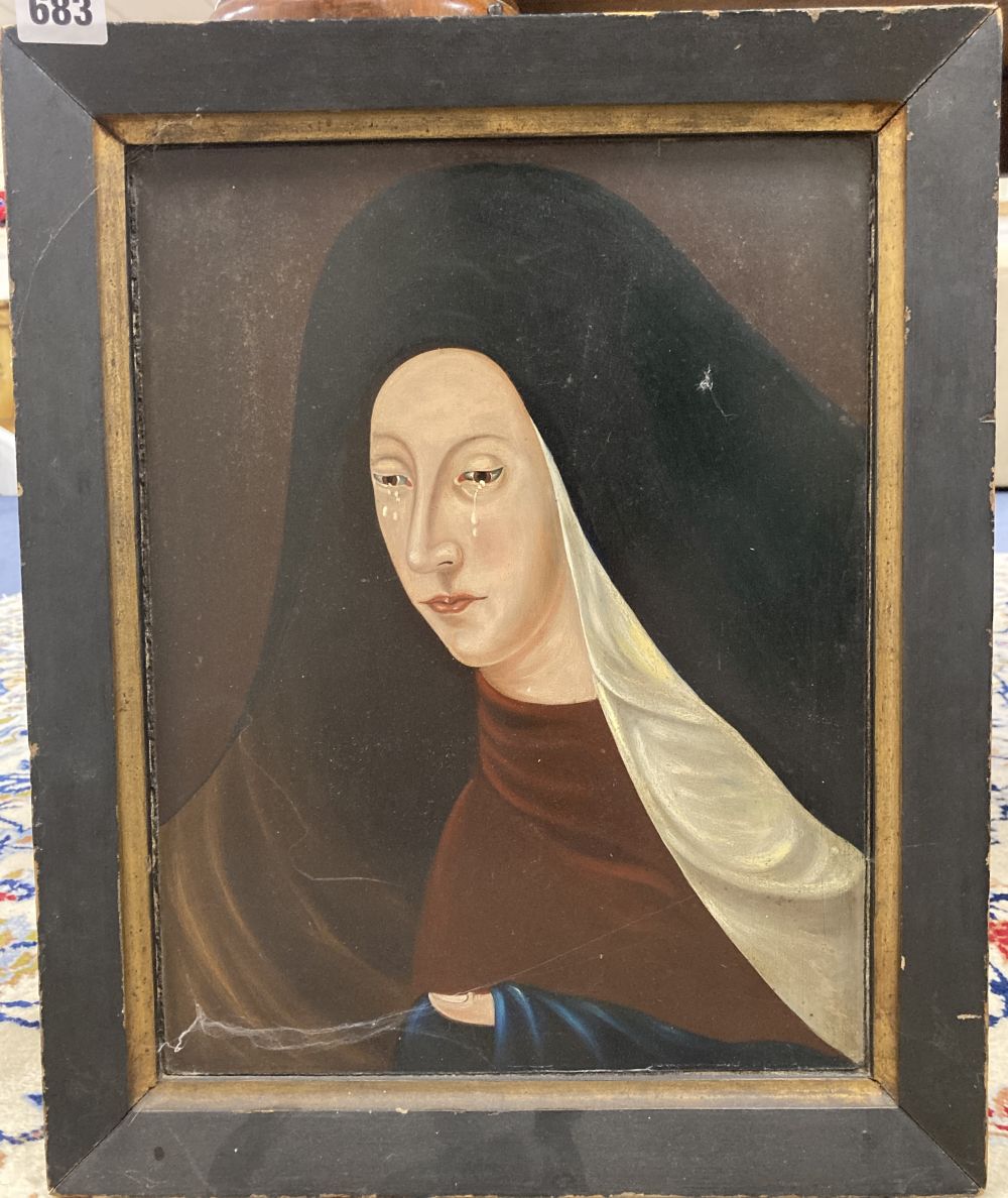 19th century Continental School, oil on wooden panel, Study of a crying nun, 35 x 27cm